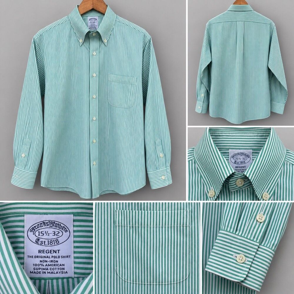 Brooks Brothers Regent Dress Shirt 15.5 32 Mint Green White Stripe Supima Cotton